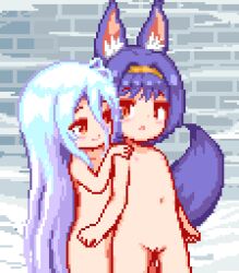  2girls animal_ear_fluff animal_ears animated animated_gif blue_hair commentary_request completely_nude female_ejaculation female_focus fingering flat_chest fox_ears fox_girl fox_tail hair_between_eyes hairband hatsuse_izuna hinainf light_blue_hair loli long_hair lowres medium_hair multiple_girls navel nipples no_game_no_life nude orange_eyes paid_reward_available pee peeing pixel_art purple_hair shiro_(no_game_no_life) tail yellow_hairband yuri  rating:Explicit score:755 user:danbooru