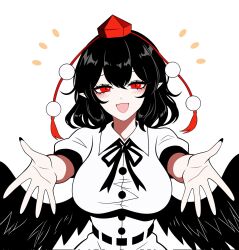  1girl :d belt bird_wings black_belt black_hair black_nails black_ribbon black_wings breasts buttons collared_shirt commentary_request feathered_wings fingernails hat highres large_breasts looking_at_viewer medium_hair neck_ribbon open_mouth pom_pom_(clothes) puffy_short_sleeves puffy_sleeves red_eyes red_hat ribbon shameimaru_aya shirt short_sleeves smile solo ssaf52913778 tokin_hat touhou upper_body white_shirt wings 