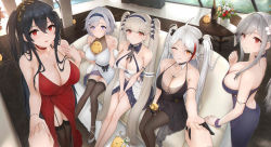 &gt;_&lt; 5girls ;q absurdly_long_hair absurdres ahoge alcohol alternate_costume anchor_choker animal animal_on_chest anniversary ass azur_lane back_cutout backless_dress backless_outfit bare_shoulders bird bird_hair_ornament black_choker black_collar black_dress black_garter_straps black_gloves black_hair black_hairband black_ribbon black_thighhighs blush bottle bouquet breasts brown_legwear center_opening chinese_commentary choker chromatic_aberration cleavage clothing_cutout cocktail_dress collar copyright_name couch cross cup detached_collar dove dress dress_flower drinking_glass dunkerque_(azur_lane) evanyi evening_gown feather_boa feather_dress feet_out_of_frame female_focus flower formidable_(azur_lane) garter_straps gloves grey_hair hair_between_eyes hair_ornament hair_ribbon hairband half_gloves halter_dress halterneck harem heart heart-shaped_pupils highres holding holding_bouquet holding_cup holding_hands indoors iron_cross jewelry lace lace-trimmed_dress lace-trimmed_legwear lace_trim large_breasts long_dress long_hair looking_at_viewer looking_to_the_side manjuu_(azur_lane) multicolored_hair multiple_girls navel_cutout necklace official_alternate_costume one_eye_closed orange_eyes ornate_ring peeking_out pov pov_hands prinz_eugen_(azur_lane) purple_choker purple_dress purple_eyes purple_hairband red_choker red_dress red_eyes red_flower reno_(azur_lane) ribbon ring round_table scrunchie see-through see-through_dress shoes short_dress short_hair sitting sleeveless sleeveless_dress spaghetti_strap standing strapless strapless_dress streaked_hair symbol-shaped_pupils table taihou_(azur_lane) taihou_(forbidden_feast)_(azur_lane) thighhighs thighs tongue tongue_out twintails two-tone_dress two-tone_hair two-tone_ribbon v_arms very_long_hair wedding_ring white_collar white_dress white_flower white_footwear white_hair white_ribbon wink wrist_scrunchie yellow_eyes yellow_flower rating:Sensitive score:88 user:danbooru