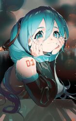  1girl :3 aqua_eyes aqua_hair aqua_nails black_sleeves blurry bokeh closed_mouth dated_commentary depth_of_field detached_sleeves fire hair_between_eyes hands_on_own_chest happy hatsune_miku highres light_blush long_hair looking_to_the_side neonneon321 number_tattoo shirt smoke solo tareme tattoo vocaloid white_shirt 