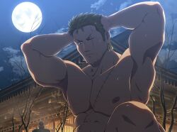 1boy abs armpits bara completely_nude cropped earrings frown full_moon green_hair hands_on_own_head highres house jewelry large_pectorals long_sideburns looking_down male_focus mature_male moon muscular muscular_male night night_sky nipples nude one_piece oro9 out-of-frame_censoring pectorals roronoa_zoro scar scar_across_eye scar_on_chest short_hair sideburns single_earring sky solo spread_legs stomach sweat rating:Questionable score:2 user:danbooru