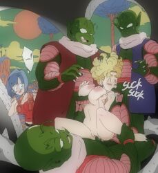  2girls 3boys bad_tag blonde_hair blue_hair breasts bulma closed_eyes dragon_ball dragonball_z drooling fellatio girl_on_top grabbing_another&#039;s_hair group_sex highres interspecies large_breasts mature_female multiple_boys multiple_girls namekian nipples oral orgy paizuri panchy sweat vaginal 