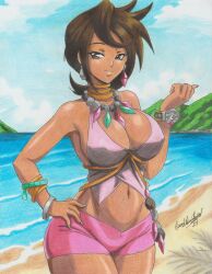 1girl 2024 absurdres beach bead_necklace beads breasts brown_eyes brown_hair cleavage creatures_(company) dark-skinned_female dark_skin diamond_earrings earrings game_freak green_nails halter_shirt halterneck hand_on_own_hip highres jewelry large_breasts mature_female midriff navel necklace nintendo olivia_(pokemon) outdoors pink_shorts pokemon pokemon_sm ravernclouk_design short_hair shorts standing thick_thighs thighs traditional_media 
