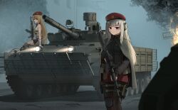  2girls absurdres ak-47 ak-47_(girls&#039;_frontline) ak-74m ak74m_(girls&#039;_frontline) akm armored_vehicle assault_rifle beret black_gloves black_thighhighs blonde_hair blue_eyes brown_shorts cloak combat_knife commission ear_protection expressionless fingerless_gloves fire fog girls&#039;_frontline gloves gun hat highres holding holding_gun holding_weapon kalashnikov_rifle knee_pads knife long_hair looking_at_viewer multiple_girls outdoors ovvvgog13235 pouch purple_eyes red_skirt rifle sheath sheathed shorts single_knee_pad sitting skirt thighhighs vehicle_request weapon white_gloves white_hair 
