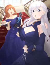  2girls :d azur_lane bare_shoulders belfast_(azur_lane) belfast_(the_noble_attendant)_(azur_lane) blue_dress braid breasts broken broken_chain cake cake_slice chain champagne_flute cleavage cleavage_cutout clothing_cutout crossover cup dress drink drinking_glass elbow_gloves evening_gown flower food french_braid girls&#039;_frontline gloves gold_necklace hair_between_eyes highres holding horie_yui i211 jewelry multiple_girls necklace official_alternate_costume open_mouth plate rose smile spoon springfield_(girls&#039;_frontline) springfield_(queen_in_radiance)_(girls&#039;_frontline) stairs trait_connection voice_actor_connection white_flower white_rose 