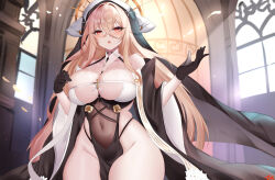  1girl :o azur_lane bare_shoulders between_breasts bikini bikini_top_only bird black_gloves blonde_hair breasts brown_hair chick cleavage commentary_request covered_erect_nipples covered_navel crossed_bangs curtains detached_sleeves eyepatch_bikini gloves hair_between_eyes halo hand_up highres horns implacable_(azur_lane) large_breasts long_hair long_sleeves looking_at_viewer nanoda002_(saber427) open_mouth panty_straps parted_lips pelvic_curtain petals red_eyes sidelocks sitting skindentation solo spaghetti_strap standing string_bikini sweat swimsuit thighhighs thighs twirling_hair veil very_long_hair white_bikini white_thighhighs wide_hips wide_sleeves yokozuwari 