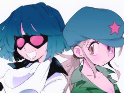  1boy 1girl :d a_(poipiku_325815) ascot blue_hair blue_headwear blunt_bangs blunt_ends breasts cleavage closed_mouth collarbone collared_shirt commentary flying_sweatdrops frown goggles green_shirt hat light_brown_hair long_hair looking_at_another medium_breasts open_mouth pink-tinted_eyewear pink_eyes ponytail rainbow_parakeet rainbow_parakeet_(character) senri_mariko shirt short_hair sidelocks sideways_glance simple_background smile star_(symbol) star_print sweat tinted_eyewear white_ascot white_background 