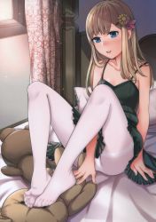 1girl absurdres bare_shoulders bed black_dress blonde_hair blue_eyes blush breasts dress feet feet_together flower hair_flower hair_ornament hairclip highres kyuuso_inukami legs long_hair open_mouth original panties panties_under_pantyhose pantyhose pillow scan sitting skirt small_breasts smile solo stuffed_animal stuffed_toy teddy_bear thighband_pantyhose toes underwear white_panties white_pantyhose rating:Sensitive score:115 user:danbooru