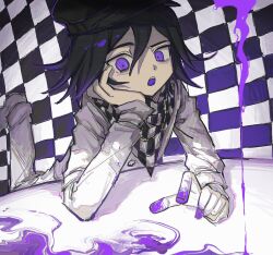  1boy bbbbbaasos black_hair black_hat blood blood_on_hands checkered_background checkered_clothes checkered_scarf danganronpa_(series) danganronpa_v3:_killing_harmony hair_between_eyes hat highres long_sleeves looking_at_viewer lying male_focus oma_kokichi on_stomach open_mouth purple_blood purple_eyes scarf simple_background solo straitjacket 