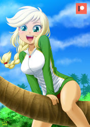  1girl applejack blonde_hair braid breasts colored_skin freckles green_eyes hood hoodie jacket large_breasts my_little_pony my_little_pony:_equestria_girls my_little_pony:_friendship_is_magic orange_skin personification ponytail solo swimsuit uotapo  rating:Sensitive score:30 user:indridcold13