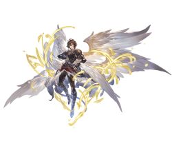  1boy ahoge armor belt bishounen boots breastplate brown_hair cape downscaled energy expressionless feathered_wings floating floating_cape full_body granblue_fantasy hair_between_eyes high_heel_boots high_heels holding holding_sword holding_weapon hood hood_down light_frown looking_at_viewer minaba_hideo multiple_wings official_art red_eyes resized sandalphon_(granblue_fantasy) scabbard sheath sword tachi-e transparent_background weapon white_cape white_wings wings 