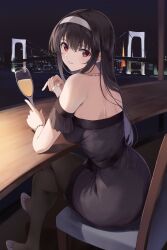  1girl alcohol alternate_costume ass back bare_shoulders black_hair black_pantyhose blush bracelet breasts bridge champagne commentary crossed_bangs crossed_legs cup curvy dress drinking_glass foot_out_of_frame formal from_behind glint hair_between_eyes hairband highres holding holding_cup index_finger_raised indoors jewelry kasumigaoka_utaha large_breasts long_hair looking_at_viewer looking_back necklace night off-shoulder_dress off_shoulder on_chair pantyhose parted_lips pearl_bracelet pearl_necklace red_eyes saenai_heroine_no_sodatekata short_sleeves sitting smile solo straight_hair tokyo_tower white_footwear white_hairband window wine wine_glass yanagi_marie 
