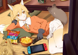  1girl afterimage alternate_legwear animal_ear_fluff animal_ears bag bow bowl bowtie breast_pocket chips_(food) coat commentary_request controller eating extra_ears ezo_red_fox_(kemono_friends) food food_in_mouth fox_ears fox_tail fur_trim game_console gloves gradient_hair gradient_legwear kawayoshi kemono_friends long_hair long_sleeves lying multicolored_clothes multicolored_hair multicolored_legwear necktie nintendo_switch on_side orange_coat orange_eyes orange_hair orange_neckwear orange_thighhighs pillow plastic_bag pleated_skirt pocket remote_control skirt solo tail tail_wagging thighhighs white_hair white_neckwear white_thighhighs zettai_ryouiki  rating:Sensitive score:4 user:danbooru