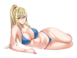  1girl absurdres bikini blonde_hair blue_bikini blue_eyes breasts cleavage commentary_request full_body highres large_breasts legs long_hair looking_at_viewer lying metroid nintendo on_side ponytail samus_aran shiny_skin sidelocks simple_background solo super_smash_bros. swimsuit tamamon thighs white_background 