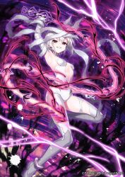  1girl arm_up bandaged_arm bandaged_leg bandages bodysuit boots breasts brown_eyes commentary_request dark_whip earrings grey_footwear grey_hair holding holding_weapon jewelry knee_boots looking_at_viewer official_art small_breasts smile solo torn_bodysuit torn_clothes weapon weapon_request white_bodysuit wixoss yamabukiiro 