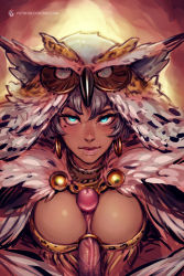  1boy 1girl aqua_eyes bbc-chan black_hair breasts commentary dark_skin earrings elphie_(overhit) english_commentary erection eyelashes hetero highres hoop_earrings jewelry large_breasts large_penis lips looking_at_viewer mole mole_under_eye o-ring o-ring_top overhit owl_costume paizuri paizuri_under_clothes patreon_username penis perpendicular_paizuri pov solo_focus uncensored veins veiny_penis  rating:Explicit score:79 user:danbooru