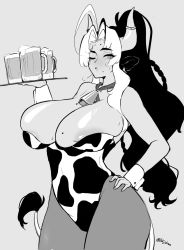  1girl alcohol animal_ears animal_print areola_slip beer beer_mug bell black_hair blanca_(ushijidraws) braid breasts cow_ears cow_girl cow_horns cow_print cow_tail cowbell cup grey_eyes highres horns huge_breasts leggings leotard long_hair mole mole_on_breast mole_under_mouth monochrome mug original skindentation tail thighs ushijidraws watermark white_hair wide_hips  rating:Questionable score:15 user:Aquacassie