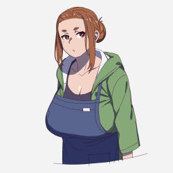  1girl apron black_tank_top blue_apron breasts brown_eyes brown_hair cleavage commentary_request green_hoodie hair_bun highres hood hoodie huge_breasts kaii_to_otome_to_kamigakushi looking_to_the_side mole mole_under_eye ogawa_sumireko onsen_tamago_(hs_egg) sidelocks solo tank_top thick_eyebrows upper_body white_background  rating:General score:30 user:danbooru
