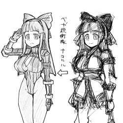 1girl ainu_clothes before_and_after breasts capcom cosplay curvy expressionless fingerless_gloves gloves hair_ribbon highres japanese_text large_breasts legs leotard long_hair monochrome nakoruru necktie pants pantyhose ribbon samurai_spirits shadaloo_dolls sketch smile snk solo street_fighter the_king_of_fighters thighs translation_request