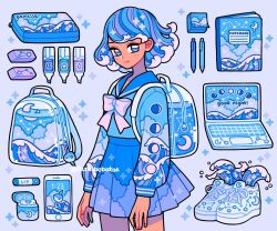  1girl backpack bag bag_charm blue_background blue_eyes blue_hair blue_sailor_collar blue_theme cellphone charm_(object) cloud_print computer constellation constellation_print cowboy_shot earbuds earbuds_charging_case earphones emily_kim eraser highres laptop lip_balm liquid liquid_hair long_sleeves marker monochrome moon_phases notebook original pastel_colors pen pencil_case phone pleated_skirt sailor_collar shirt shoes short_hair simple_background skirt sky_print smartphone sneakers sparkle sticky_note twitter_username water wave_print waves 
