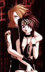 1boy 1girl bdsm belt blonde_hair bondage bound breasts brown_eyes brown_hair buttons chain choker cleavage cuffs gloves goth_fashion hair_over_one_eye lipstick makeup mask messiah_cage nipples short_hair skirt small_breasts standing tattoo vest vinyl yellow_eyes rating:Explicit score:2 user:danbooru