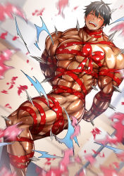  1boy abs antenna_hair arm_behind_back bara blurry blurry_background blush closed_eyes cluseller dark-skinned_male dark_skin dumbbell_nan_kilo_moteru? dutch_angle exploding_clothes flexing happy heart heart_print highres machio_naruzou male_focus manly motion_blur multicolored_hair muscular naked_ribbon open_mouth pectorals pectorals red_ribbon ribbon shiny_skin short_hair smile solo standing streaked_hair teeth textless_version thick_thighs thighs white_hair  rating:Questionable score:5 user:AngryZapdos