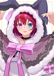  1girl :d absurdres animal_ears animal_hood black_choker blue_eyes blush bow capelet choker choppy_bangs dress fangs fur-trimmed_capelet fur-trimmed_hood fur_trim hands_up heterochromia highres hololive hololive_english hood hood_up hooded_capelet irys_(casualrys)_(hololive) irys_(hololive) kanadeho lace-trimmed_choker lace_trim looking_at_viewer multicolored_hair official_alternate_costume official_alternate_hairstyle open_mouth pink_bow pointy_ears purple_eyes purple_hair rabbit_hood red_hair short_hair simple_background smile solo star-shaped_pupils star_(symbol) streaked_hair symbol-shaped_pupils upper_body virtual_youtuber white_background white_dress 