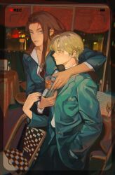  1boy 1girl alcohol alien_stage arm_around_shoulder at_gunpoint battery_indicator blonde_hair blue_eyes blue_jacket brown_hair chair collared_shirt cup drinking_glass expressionless formal from_side green_jacket gun hand_in_own_hair hand_on_another&#039;s_arm handgun height_difference highres holding holding_cup holding_gun holding_weapon hyuna_(alien_stage) jacket long_sleeves looking_ahead looking_at_viewer looking_to_the_side luka_(alien_stage) profile recording restaurant shirt smile smirk suit tall_female viewfinder weapon white_shirt wine yellow_eyes youji446 