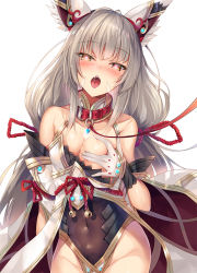 1girl animal_ears bare_shoulders blush breasts chest_jewel cleavage covered_navel detached_sleeves facial_mark gloves grabbing grabbing_own_breast heart heart-shaped_pupils highleg highleg_leotard inoue_takuya_(tactactak) large_breasts leash leotard long_hair low_twintails medium_breasts naughty_face nia_(blade)_(xenoblade) nia_(xenoblade) nintendo one_breast_out open_mouth ribbon silver_hair symbol-shaped_pupils teeth tongue twintails very_long_hair viewer_holding_leash xenoblade_chronicles_(series) xenoblade_chronicles_2 yellow_eyes rating:Questionable score:81 user:danbooru