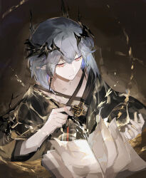  1boy abstract_background absurdres arknights bag black_robe brown_background commentary_request enmokuritsu-d fire frown grey_hair highres holding holding_pen horns logos_(arknights) long_sleeves looking_at_viewer male_focus open_bag painterly pen pointy_ears red_eyes robe short_hair solo upper_body 