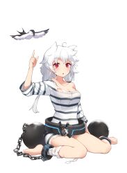  1girl 1other ahoge animal_ears artist_request ball_and_chain_restraint bare_legs bare_shoulders barefoot breasts chain collarbone crack cuffs eyelashes final_gear flying full_body hair_ears highres horizontal-striped_clothes horizontal-striped_sleeves long_hair looking_at_viewer medium_breasts neck official_art open_mouth pointing pointing_up prison_clothes red_eyes renata_(final_gear) sidelocks simple_background sitting sleeves_past_elbows solo tachi-e third-party_source torn_clothes transparent_background two-tone_wings wariza white_hair 