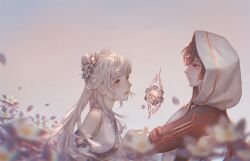  1boy 1girl bare_shoulders black_hair blurry blurry_foreground brown_hair chinese_clothes closed_mouth dress floating flower genshin_impact gradient_hair hair_bun hair_flower hair_ornament hanfu highres hood hood_up jiaoling_ruqun long_hair looking_at_another multicolored_hair official_alternate_costume purple_eyes red_eyes sleeveless white_flower white_hair yexingwange zhongli_(archon)_(genshin_impact) zhongli_(genshin_impact) 