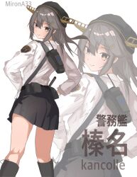  1girl alternate_costume artist_name badge belt beret black_footwear black_hair black_hat character_doll commentary_request dress feet_out_of_frame from_behind grey_eyes haruna_(kancolle) hat headgear highres kantai_collection long_hair looking_at_viewer looking_back miron_(mirona33) pleated_dress police police_uniform policewoman shirt solo translation_request uniform utility_belt white_shirt 