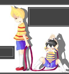 2boys abuse black_hair blindfold blonde_hair bruise cum injury kuroi_paseri lowres lucas_(mother_3) male_focus mother_(game) mother_2 mother_3 multiple_boys ness_(mother_2) nintendo shirt shorts shota smirk socks striped_clothes striped_shirt yaoi rating:Explicit score:24 user:D-Ray90