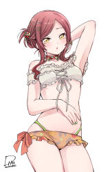  1girl arm_behind_head arm_up armpits bare_shoulders bikini blush breasts brown_hair choker collarbone cowboy_shot dated dot_nose flip_(diiolive) frilled_bikini frills green_nails hair_ornament hairclip highres idolmaster idolmaster_shiny_colors leaf_hair_ornament long_hair looking_at_viewer medium_breasts osaki_amana parted_lips signature simple_background solo swept_bangs swimsuit white_background white_bikini yellow_eyes 