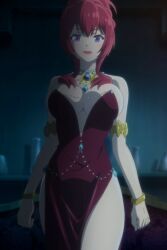  1girl breasts cleavage dress fanis_laminitus hair_bun highres isekai_maou_to_shoukan_shoujo_no_dorei_majutsu jewelry kaneko_shizue large_breasts legs looking_at_viewer pelvic_curtain purple_eyes red_hair red_lips smile solo stitched thighs third-party_edit 