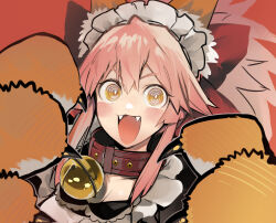  1girl @_@ animal_ear_fluff animal_ears animal_hands apron bell black_dress blush bow breasts collar dress fangs fate/extra fate/grand_order fate_(series) fox_ears fox_girl frills gloves hair_between_eyes hair_bow highres jingle_bell large_breasts long_hair looking_at_viewer neck_bell nishiide_kengorou open_mouth paw_gloves pink_hair ponytail puffy_short_sleeves puffy_sleeves red_bow short_sleeves sidelocks smile tamamo_(fate) tamamo_cat_(fate) tamamo_cat_(second_ascension)_(fate) white_apron yellow_eyes 