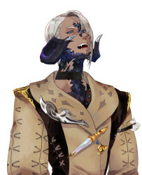  1boy absurdres au_ra black_choker blue_eyes brown_coat choker coat colored_sclera final_fantasy final_fantasy_xiv gg_dal grey_hair grey_sclera highres horn_cover horns looking_at_viewer male_focus short_hair simple_background solo upper_body warrior_of_light_(ff14) white_background 