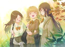  3girls absurdres bag blonde_hair blunt_bangs blush bow bowtie braid branch brown_eyes brown_hair brown_jacket brown_skirt brown_sweater bug butterfly butterfly_hair_ornament buttons day drill_hair hair_intakes hair_ornament happy highres hop3 insect jacket leaf long_hair looking_at_another maple_leaf multiple_girls open_clothes open_jacket open_mouth original outdoors parted_bangs pleated_skirt red_bow red_bowtie school_bag school_uniform shirt side_braid sidelocks skirt smile sweater teeth tongue uniform upper_teeth_only white_shirt yellow_butterfly 