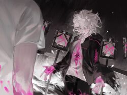  2boys absurdres ashva beckoning black_background blood blood_on_clothes blood_on_face blood_on_hands commentary_request cowboy_shot danganronpa_(series) danganronpa_2:_goodbye_despair eyelashes face-to-face gradient_background greyscale highres hinata_hajime hole_in_chest hole_on_body hood hood_down hooded_jacket iei injury jacket komaeda_nagito long_sleeves looking_at_another lower_teeth_only male_focus messy_hair monochrome multiple_boys open_clothes open_jacket open_mouth pants pink_blood shirt short_sleeves slit_pupils smile solo_focus spoilers teeth 
