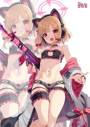  1girl absurdres alternate_costume animal_ear_headphones animal_ears black_bra black_jacket black_panties blonde_hair blue_archive blush bra breasts facebook_logo fake_animal_ears gun halo headphones highres holding holding_gun holding_weapon instagram_logo jacket long_sleeves looking_at_viewer momoi_(blue_archive) multiple_views navel open_clothes open_jacket open_mouth panties parted_lips pink_halo red_eyes short_hair simple_background small_breasts smile stomach twitter_logo underwear weapon white_background xephonia zoom_layer 