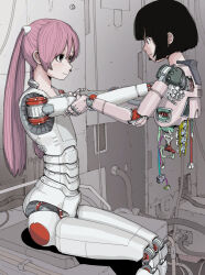  2girls black_hair bob_cut full_body highres humanoid_robot joints long_hair looking_at_another mechanical_arms multiple_girls original pink_hair robot robot_girl robot_joints sitting sukabu wire 