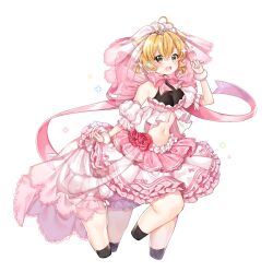  1girl ahoge animal_ears artist_request back_ribbon bare_shoulders blonde_eyebrows blonde_hair blush bow breasts centauroid choker cleavage cross-laced_clothes cross-laced_dress detached_sleeves dress dress_bow dress_flower final_gear flower frilled_dress frills full_body hair_between_eyes hair_ears hair_tie heart heart_ahoge highres horizontal-striped_sleeves lace-trimmed_veil lace_trim leg_up looking_at_viewer midriff navel official_art open_mouth pink_bow pink_flower pink_rose pink_sleeves pink_veil polka_dot polka_dot_dress puffy_sleeves ribbon_choker rose see-through see-through_cleavage see-through_veil short_hair short_sleeves short_twintails simple_background solo standing_on_three_legs striped_bow sweety_(final_gear) tachi-e taur teeth third-party_source transparent_background twintails upper_teeth_only white_tiara yellow_eyes 