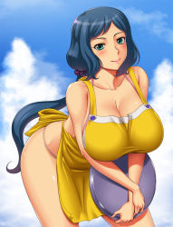  10s 1girl ameoto apron bare_shoulders blue_eyes blue_hair breasts cleavage day gundam gundam_build_fighters huge_breasts iori_rinko leaning_forward long_hair looking_at_viewer matching_hair/eyes mature_female ponytail skindentation sky smile solo tray  rating:Sensitive score:119 user:danbooru