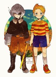  2boys anniversary blonde_hair blue_eyes blue_shorts blush bomber_jacket boots bow_(weapon) brothers claus_(mother_3) closed_mouth flower helmet heterochromia holding jacket kiguchiko knee_boots kneehighs lucas_(mother_3) male_focus mother_(game) mother_3 multiple_boys nintendo pants pants_tucked_in quiff red_eyes shirt shoes short_hair short_sleeves shorts siblings sneakers socks striped_clothes striped_shirt weapon 