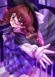  1girl absurdres black_cape black_hat blue_skirt blue_vest brown_hair cape collared_shirt commentary_request cowboy_shot flat_chest glasses gloves hat hat_ribbon highres long_sleeves low_twintails medium_hair open_mouth plaid plaid_skirt plaid_vest pleated_skirt red-framed_eyewear ribbon shirt skirt solo touhou twintails umebitan usami_sumireko vest white_gloves white_ribbon white_shirt 