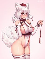 1girl animal_ear_fluff animal_ears areola_slip bdsm blush breasts bridal_gauntlets cleft_of_venus collar cowboy_shot hair_between_eyes hat heart heart-shaped_pupils highres inubashiri_momiji iwbitu large_breasts leash nipples open_mouth red_eyes red_hat short_hair silver_hair slave smile solo symbol-shaped_pupils tail tail_wagging teeth thighhighs tokin_hat touhou wedgie white_thighhighs wolf_ears wolf_tail rating:Questionable score:104 user:danbooru