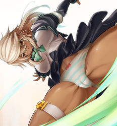  1girl alternate_costume armband black_skirt bow bow_panties bowtie breasts brown_eyes cameltoe dark-skinned_female dark_skin green_bow green_bowtie guilty_gear guilty_gear_xrd long_hair long_sleeves looking_at_viewer medium_breasts navel outstretched_arms panties parted_lips ramlethal_valentine skirt solo sowel_(sk3) spread_arms spread_legs striped_clothes striped_panties swept_bangs thigh_strap underwear white_hair  rating:Questionable score:48 user:danbooru