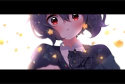  1girl black_hair blush bow bowtie flower hair_flower hair_ornament highres letterboxed long_sleeves looking_at_viewer mizuno_ai nanami open_mouth red_eyes school_uniform short_hair simple_background solo white_background zombie_land_saga 