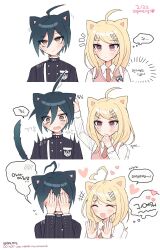  +++ ahoge akamatsu_kaede animal_ears antenna_hair backpack bad_id bad_twitter_id bag black_jacket black_skirt blonde_hair blue_hair blush buttons cat_day cat_ears closed_mouth collared_jacket collared_shirt commentary_request covering_face crest cropped_torso dalrye_v3 danganronpa_(series) danganronpa_v3:_killing_harmony double-breasted drooling eyelashes fingernails flying_sweatdrops fortissimo hair_between_eyes hair_ornament hand_on_another&#039;s_ear hand_on_own_chin heart heart_antenna_hair hetero high_collar highres jacket kemonomimi_mode korean_commentary korean_text light_blush light_frown long_hair looking_ahead looking_at_another motion_lines musical_note musical_note_hair_ornament necktie notice_lines orange_necktie pink_vest pinstripe_jacket pinstripe_pattern pocket purple_eyes saihara_shuichi sequential shirt short_hair simple_background skirt speech_bubble translation_request twitter_username v-shaped_eyebrows vertical-striped_sleeves vest wavy_mouth white_background white_bag white_shirt yellow_eyes 
